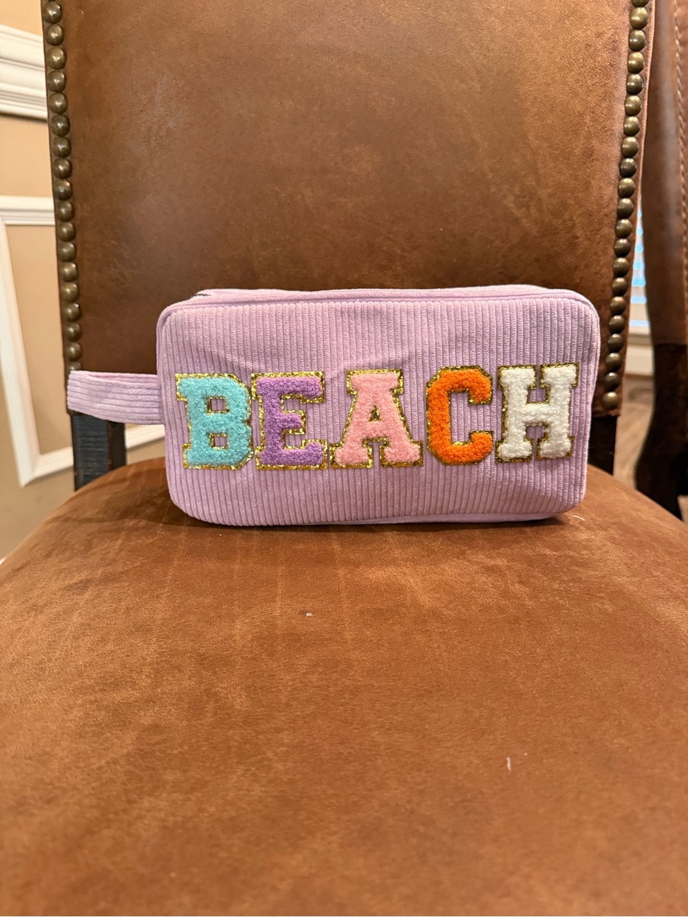 Lavender Corduroy Cosmetic Pouch with Colorful 'BEACH' Appliqué